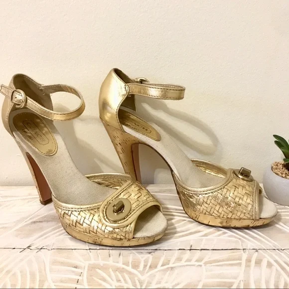 Coach Dianah Metallic Gold Cork Strap Pumps Heels - Picture 2 of 8
